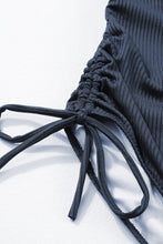 Load image into Gallery viewer, Navy Blue Ribbed Drawstring Sides Cutout One Piece Swimsuit