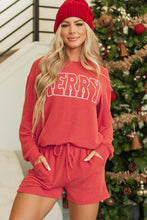 Cargar imagen en el visor de la galería, Racing Red Corded MERRY Graphic Long Sleeve Top and Shorts Set