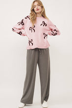 Load image into Gallery viewer, Light Pink Bow Pattern Knitted Loose Fit Sweater