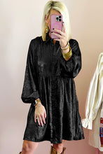 Load image into Gallery viewer, Black Metallic Sheen Puff Sleeve Button Up Mini Shirt Dress