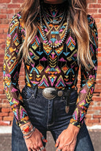 Cargar imagen en el visor de la galería, Color black Abstract Print Long Sleeve Stand Neck Mesh Top