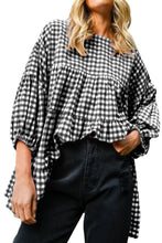 Load image into Gallery viewer, Black Checkered Puff Sleeve Tiered Loose Babydoll Blouse