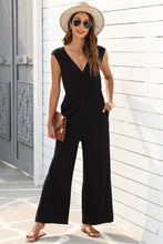Load image into Gallery viewer, Black Deep V Pleated Crisscross Wide Leg Backless Jumpsuit