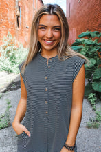 Load image into Gallery viewer, Black white Striped Print Buttoned Wide Leg Sleeveless Jumpsuit