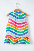 Cargar imagen en el visor de la galería, Rose Red Rainbow Stripes Ruffled Hem Drawstring V Neck Tank Top