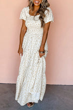 Load image into Gallery viewer, White Frilly Shirred Bodice Tiered Floral Maxi Dress
