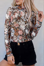 Cargar imagen en el visor de la galería, Brown Floral Long Sleeve High Neck Sheath Mesh Blouse