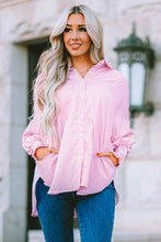 Cargar imagen en el visor de la galería, Pink Smocked Cuffed Striped Boyfriend Shirt with Pocket