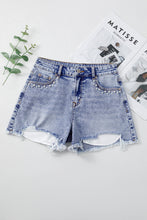 Load image into Gallery viewer, Beau Blue Pearl Studded Pockets Raw Hem Denim Shorts