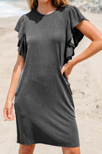 Load image into Gallery viewer, Black Textured Ruffled Flutter Sleeve Mini Dress