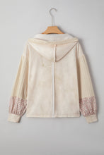 Load image into Gallery viewer, Beige Floral Patched Waffle Textured Colorblock V Neck Casual Hooded Top