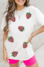 Load image into Gallery viewer, White Sequin Strawberry Patched Crew Neck T Shirt