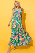 Load image into Gallery viewer, Green Floral Print Sleeveless Ruffle Tiered Maxi Dress