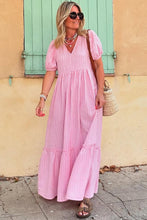 Load image into Gallery viewer, Pink Stripe V Neck Puff Short Sleeve Maxi Dress