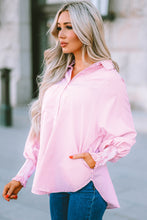 Cargar imagen en el visor de la galería, Pink Smocked Cuffed Striped Boyfriend Shirt with Pocket