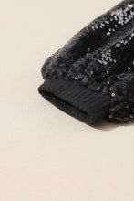 Cargar imagen en el visor de la galería, Black Sequin Patchwork Sleeve Open Back Waffle Knit Top