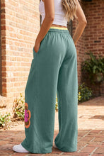 Cargar imagen en el visor de la galería, Sea Green Color Block Flower Patchwork Drawstring Contrasted Elastic Waist Wide Leg Pants