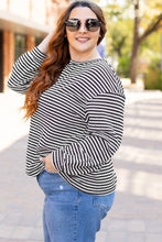 Load image into Gallery viewer, Black Stripe Drop Shoulder Puff Long Sleeve O Neck Plus Size T Shirt