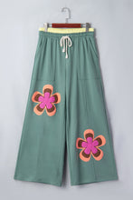 Cargar imagen en el visor de la galería, Sea Green Color Block Flower Patchwork Drawstring Contrasted Elastic Waist Wide Leg Pants