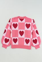 Load image into Gallery viewer, Pink Plus Size Love Heart Block Mock Neck Lantern Sleeve Valentine Sweater