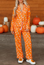 Load image into Gallery viewer, Orange Halloween Print Lapel Shirt Long 2pcs Pajama Set