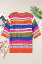 Load image into Gallery viewer, Orange Stripe Colorblock Hollowed Crochet 3/4 Sleeve Sweater