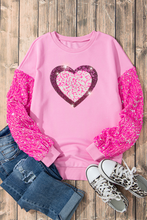 Load image into Gallery viewer, Pink Leopard Heart Graphic Sequin Patchwork Long Sleeve Valentines Top