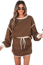 Load image into Gallery viewer, Coffee Color Contrast Loose Pullover and Lace-up Waist Skort Set