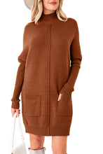 Load image into Gallery viewer, Chestnut Ribbed High Neck Front Pockets Center Seam Shift Sweater Dress