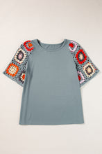 Load image into Gallery viewer, Grey Floral Crochet Short Sleeve Top
