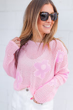 Load image into Gallery viewer, Light Pink Big Flower Hollowed Knit Drop Shoulder Sweater