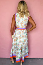 Load image into Gallery viewer, White Floral Print Color Block Trim Belted Sleeveless Maxi Dress