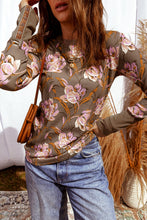 Load image into Gallery viewer, Brown Floral Print Waffle Textured Long Sleeve Top