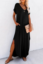 Cargar imagen en el visor de la galería, Black V Neck Hidden Pocket Splits Maxi T-shirt Dress