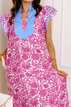 Load image into Gallery viewer, Pink Floral Print Color Block Patchwork V Neck Short Sleeve Midi Dress