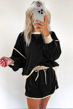 Load image into Gallery viewer, Black Color Contrast Loose Pullover and Lace-up Waist Skort Set