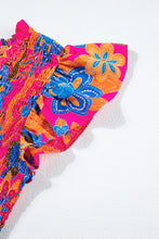 Cargar imagen en el visor de la galería, Rose Red Floral Print Smocked Ruffle Trim Flutter Sleeve Blouse
