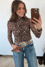 Load image into Gallery viewer, Khaki Leopard High Neck Long Sleeve Western Slim Top