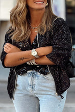 Load image into Gallery viewer, Black Sequin Zip up Round Neck Long Sleeve Jacket