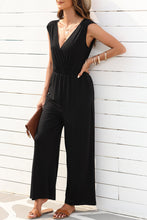 Load image into Gallery viewer, Black Deep V Pleated Crisscross Wide Leg Backless Jumpsuit