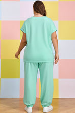 Cargar imagen en el visor de la galería, Mint Green Solid V-Neck Tee and Drawstring Plus Size Pants Set