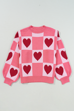 Load image into Gallery viewer, Pink Plus Size Love Heart Block Mock Neck Lantern Sleeve Valentine Sweater