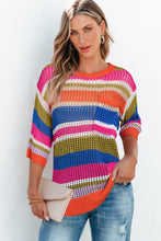 Load image into Gallery viewer, Orange Stripe Colorblock Hollowed Crochet 3/4 Sleeve Sweater