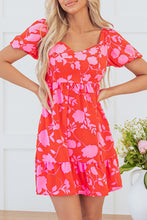 Load image into Gallery viewer, Red Floral Bubble Sleeve Sweetheart Neck Ruffled Mini Dress