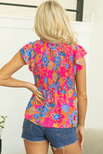 Cargar imagen en el visor de la galería, Rose Red Floral Print Smocked Ruffle Trim Flutter Sleeve Blouse