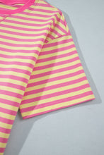 Cargar imagen en el visor de la galería, Pink Stripe Colorblock Trim Crew Neck Loose Tee Drawstring Elastic Waist 2pcs Pant Set