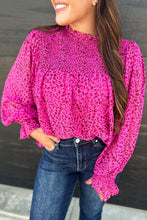 Load image into Gallery viewer, Hot Pink Leopard Shirred Puff Sleeve Flowy Blouse