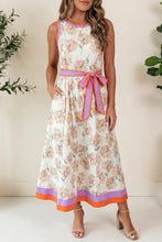 Cargar imagen en el visor de la galería, White Floral Print Color Block Trim Belted Sleeveless Maxi Dress