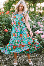 Load image into Gallery viewer, Green Floral Print Sleeveless Ruffle Tiered Maxi Dress