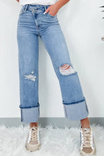 Load image into Gallery viewer, Dusk Blue High Rise Asymmetric Button Zip Fly Ripped Jeans